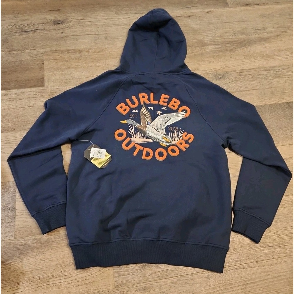 BURLEBO Men's Midweight Fleece Hoodie Sweatshirt size M Navy Blue Hunting Duck